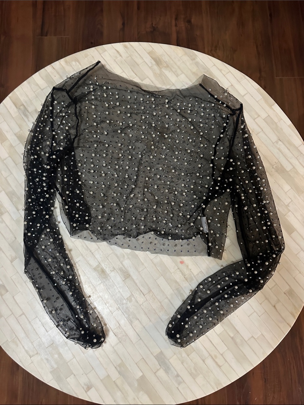 Black Sheer Pearl-Embellished Long-Sleeve Crop Top